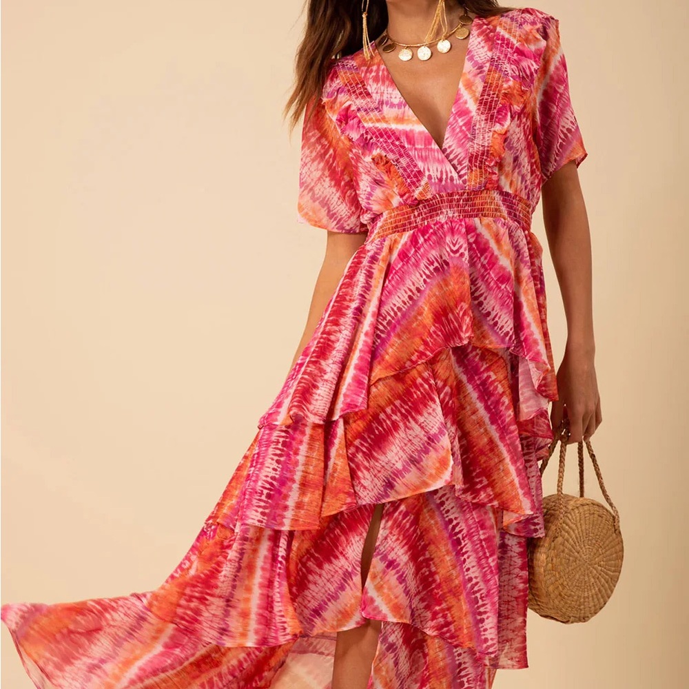 Hale Bob Pink and Orange Asymmetrical Ruffled Sundress